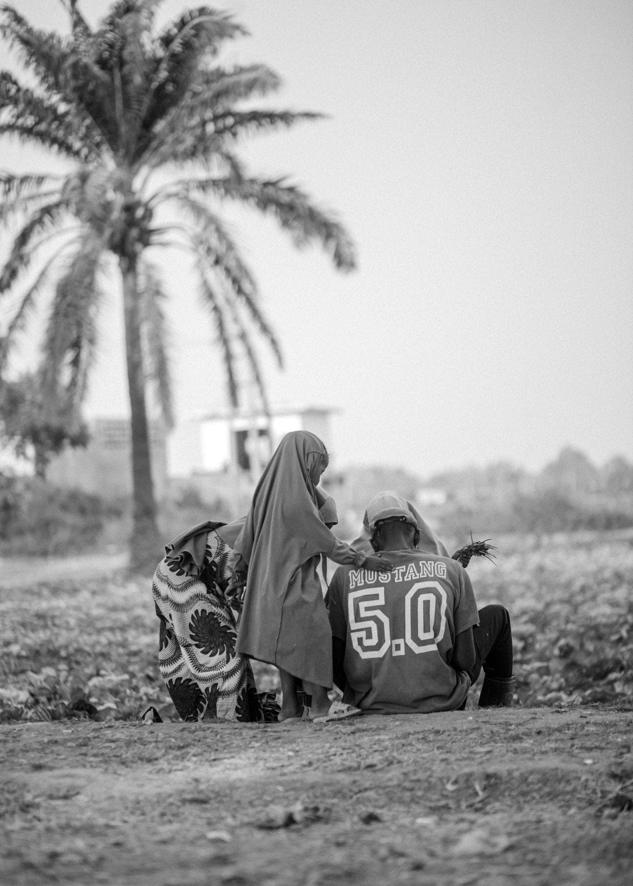 A family sitting together in a field under a palm tree