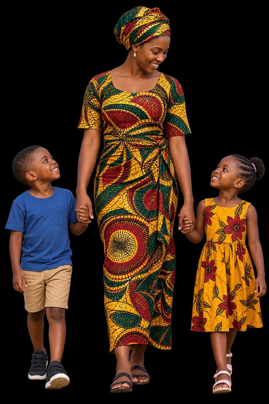 A mother in a chitenje dress walking hand in hand with her two children